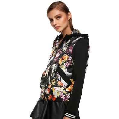 Spring Autumn Women zipper Jacket with Front pocket Long Sleeve Floral Patchwork Hooded Black Outwear Brand Clothing for Women