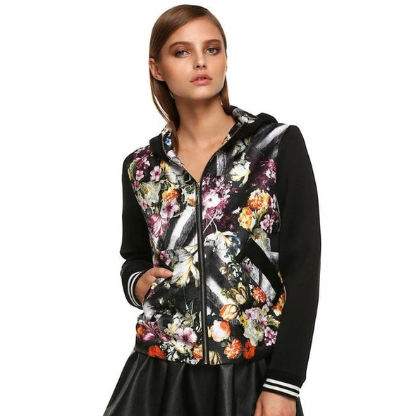 Spring Autumn Women zipper Jacket with Front pocket Long Sleeve Floral Patchwork Hooded Black Outwear Brand Clothing for Women