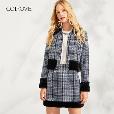 COLROVIE Zip Front Plaid Elegant Faux Fur Coat And Skirt Set Two Piece Set 2018 Autumn Women Clothes Set Sexy Female Office Suit
