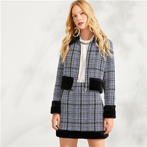 COLROVIE Zip Front Plaid Elegant Faux Fur Coat And Skirt Set Two Piece Set 2018 Autumn Women Clothes Set Sexy Female Office Suit