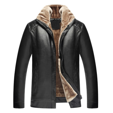 2019 Winter PU Leather Jacket Coat Men Zip Up Fleece Thick Men Outwear Streetwear Lapel Neck Fashion Warm Business Overcoat Men