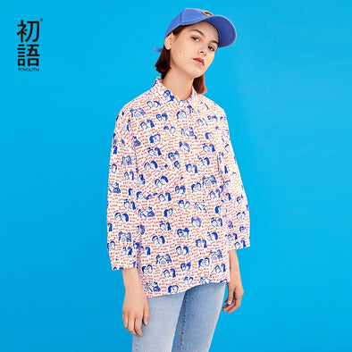 Toyouth 2019 Women Spring Blouse Fashion Turn-Down Collar Boy&Girl Print Loose Shirts Female Long Sleeve Cotton Blouses